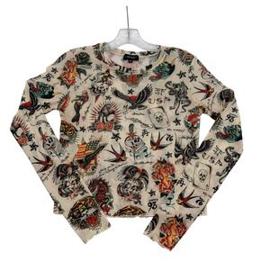 Ed Hardy Women All Over Tattoo Print Mesh Long Sleeve Top Tan Size M Vintage Y2K